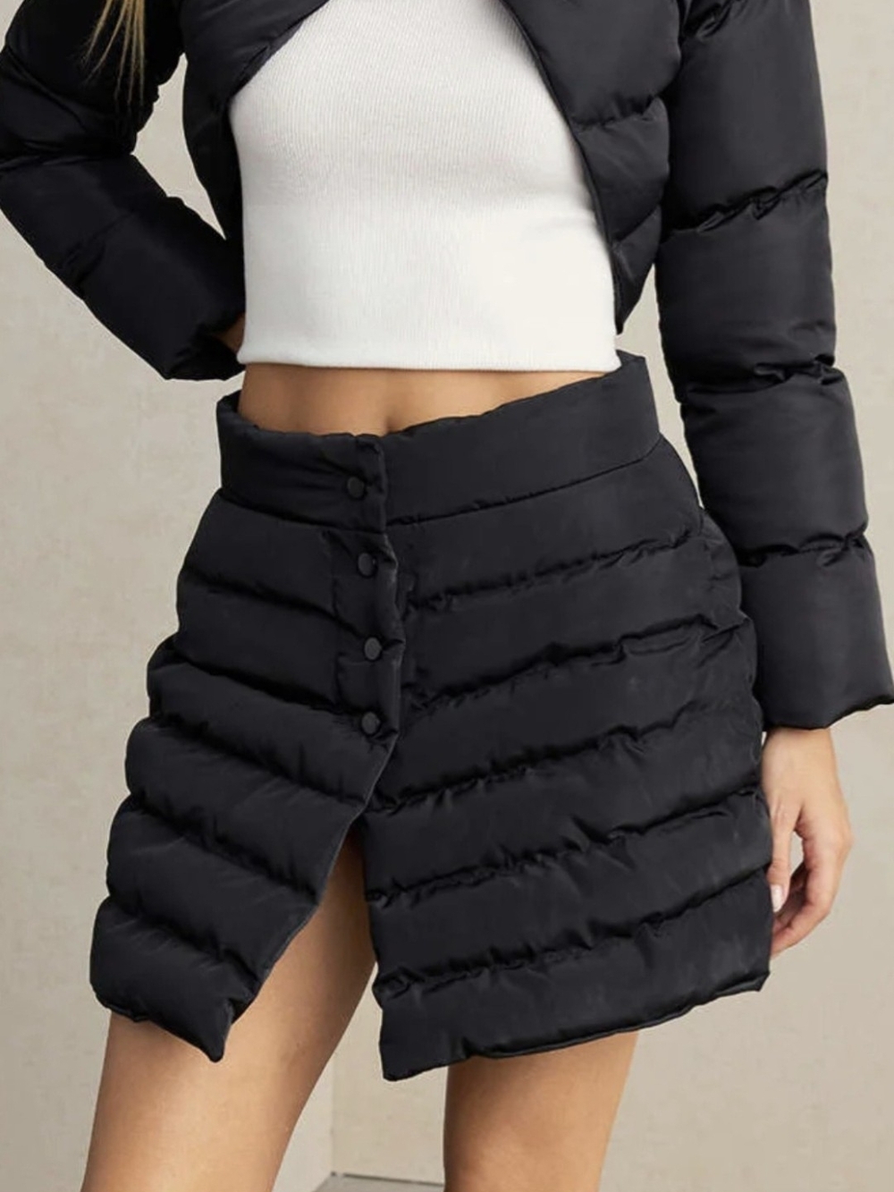 Black Quilted Puffer Mini Skirt - Women's Insulated Winter Skirt